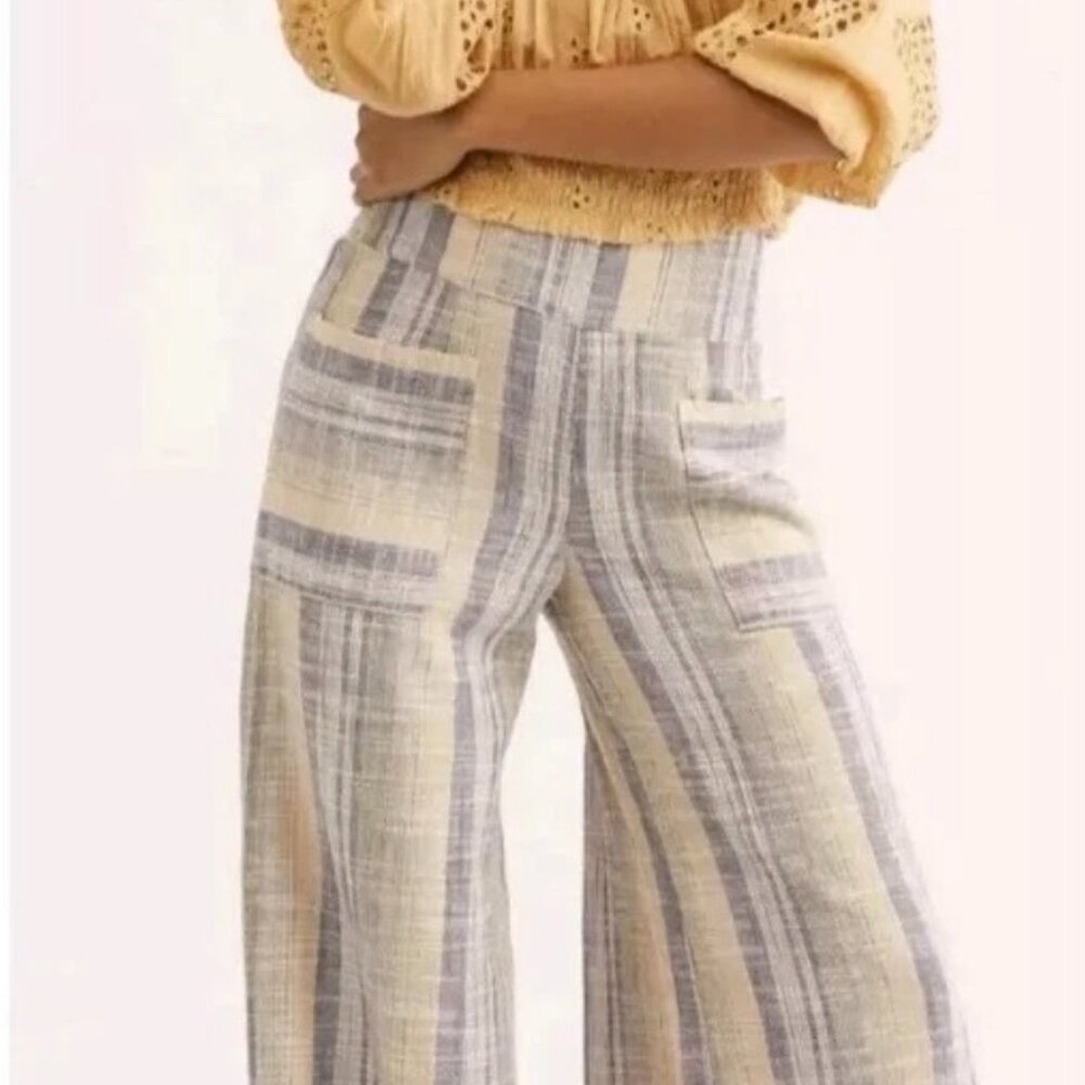 Free People Days End Pull-On Linen Blend Wide Leg Pants Medium Blue Multicolor